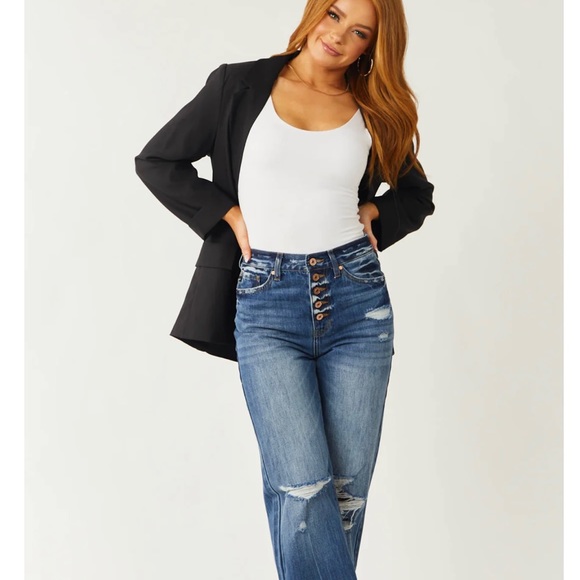 KanCan Medium Wash High Rise Distressed Knee Jeans Wide Leg - Picture 8 of 11